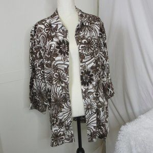Chico's Linen Shirt Jacket Button Up 3/4 Sleeve Brown Floral Coat Size 3 XL